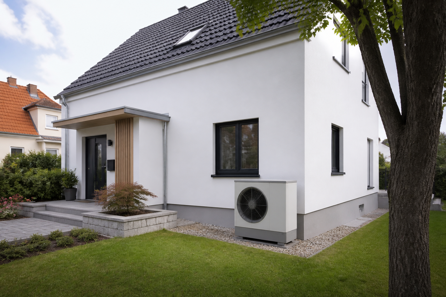 Wärmepumpe vor einem Einfamilienhaus in Berlin-Brandenburg