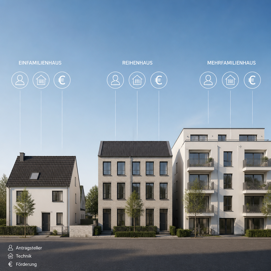 Schematische Gegenüberstellung von Einfamilienhaus, Reihenhaus und Mehrfamilienhaus in Berlin mit Förderlogik