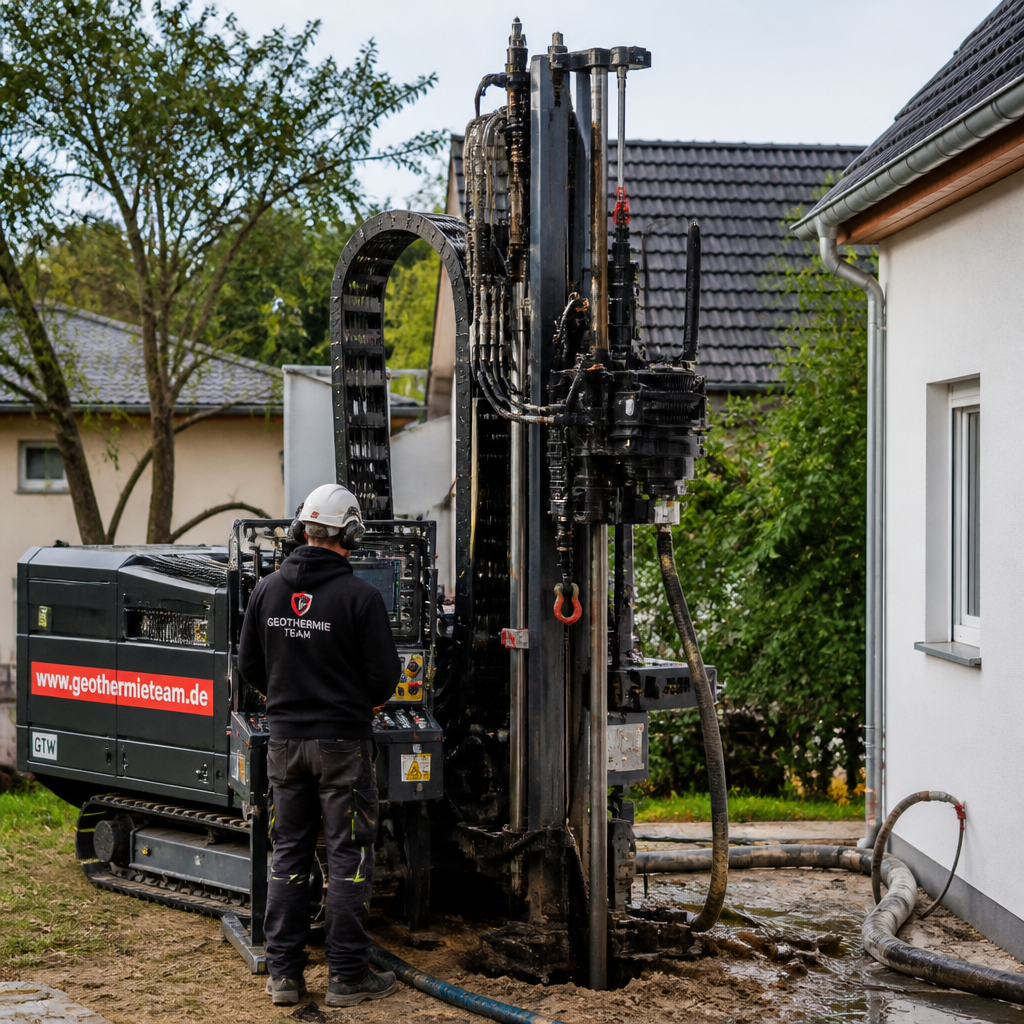 Bohrarbeiten für eine Erdwärmesonde auf einem Grundstück in Brandenburg