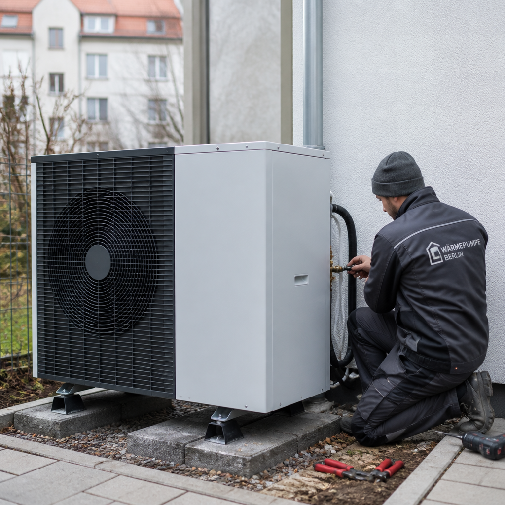 Außeneinheit einer Wärmepumpe neben einem Wohnhaus mit Fachbetrieb bei der Montage.