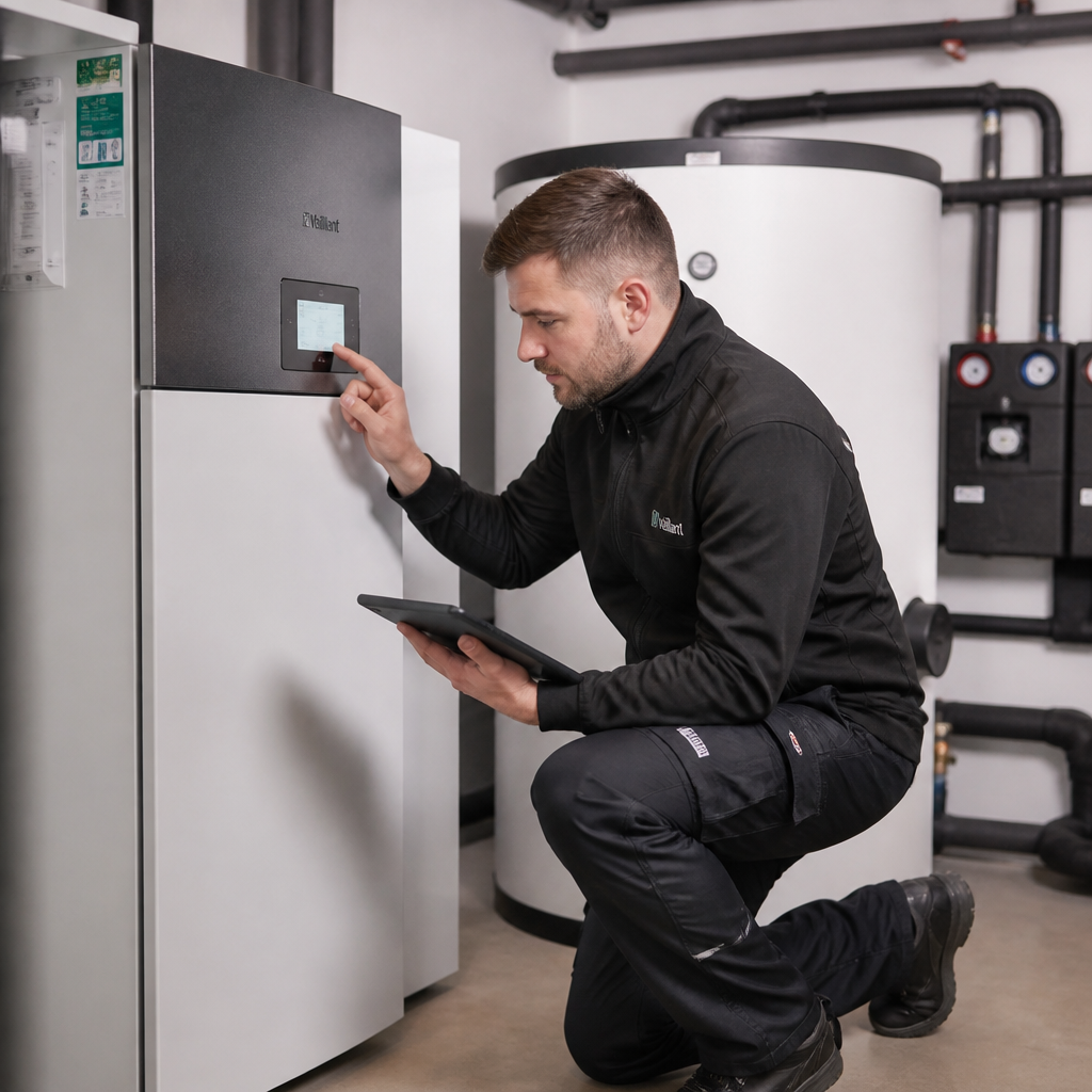 Fachhandwerker prüft die Installation einer Luft-Wasser-Wärmepumpe im Heizraum