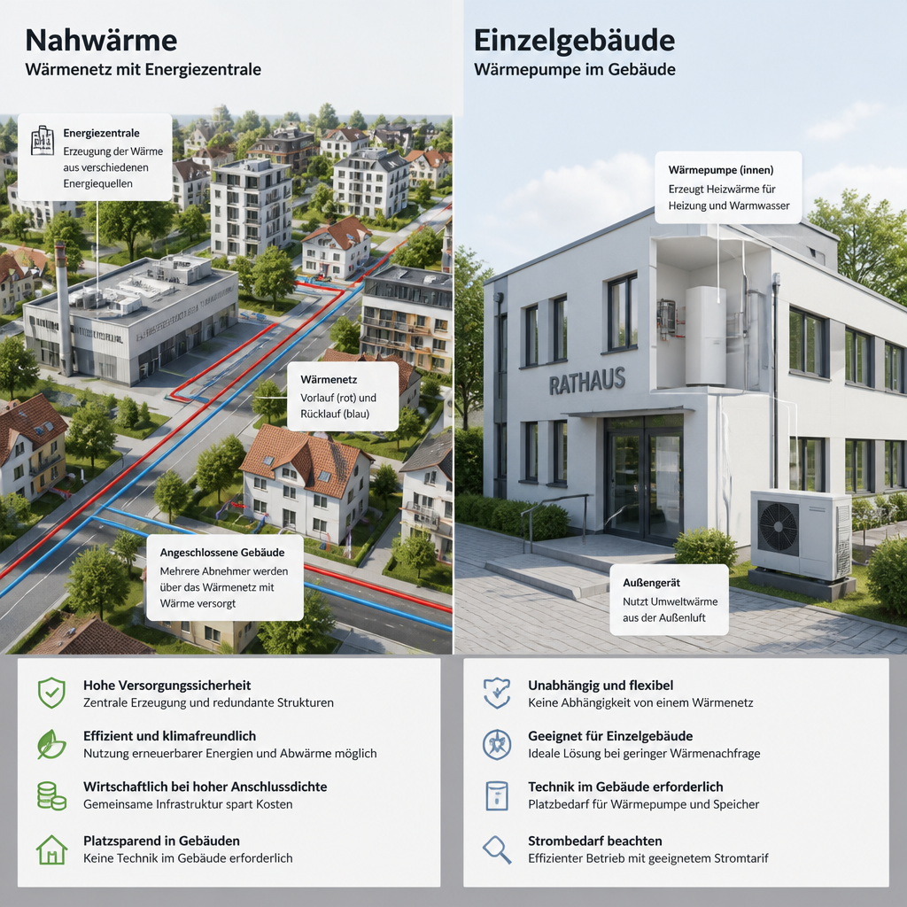 Schemavergleich Nahwärme und Wärmepumpe für kommunale Gebäude in Brandenburg
