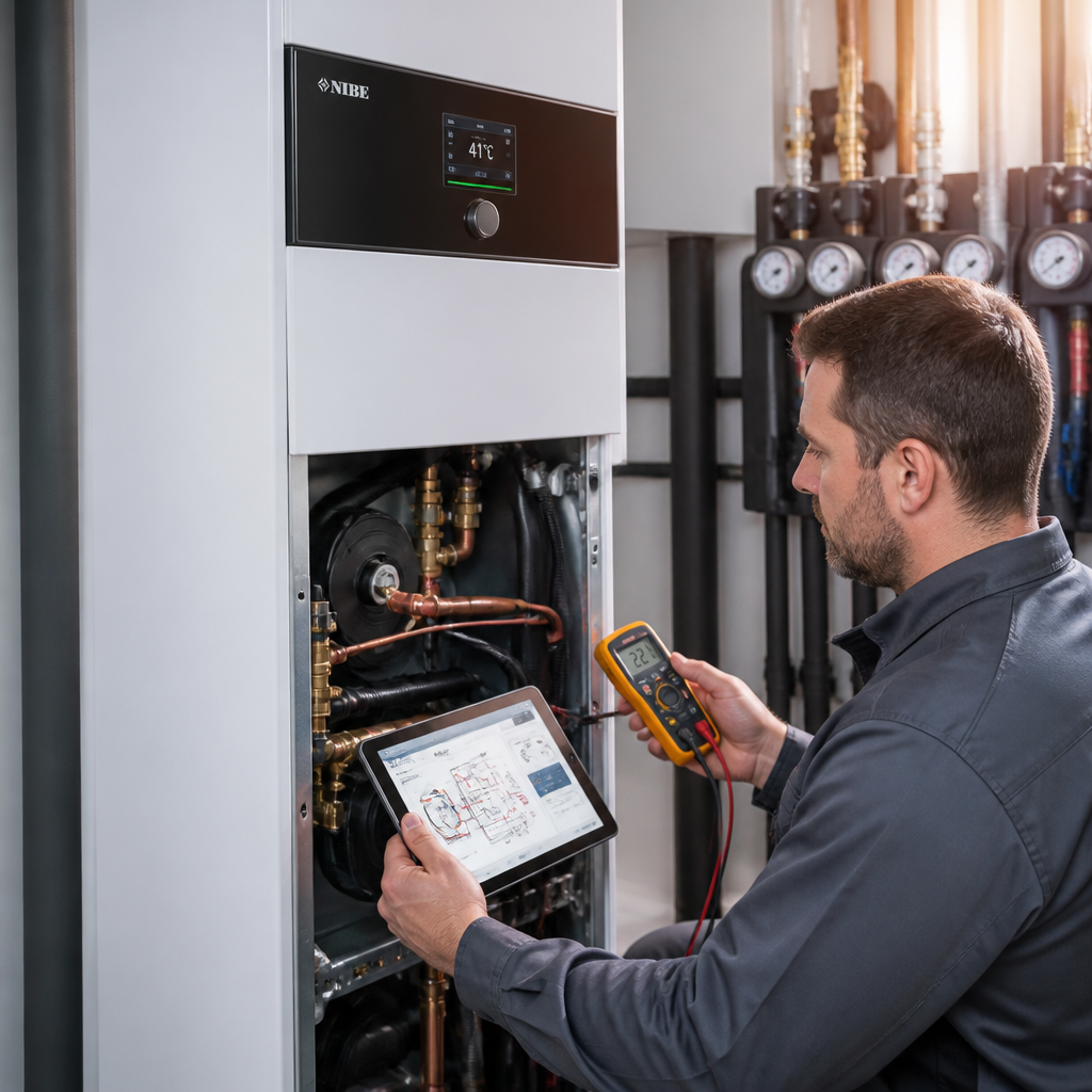 Techniker überprüft die Inneneinheit einer Wärmepumpe mit Messgerät