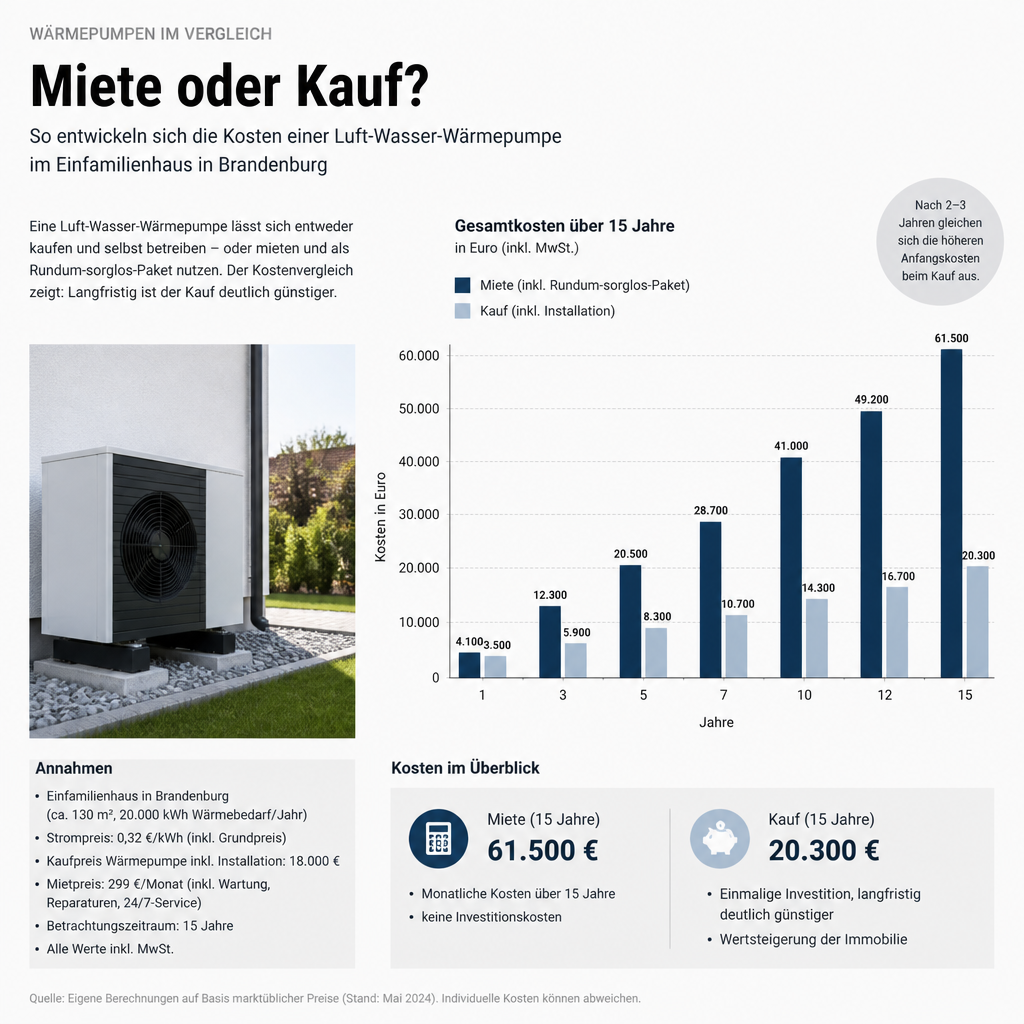 Infografik zum Kostenvergleich von Wärmepumpe Miete und Kauf in Brandenburg