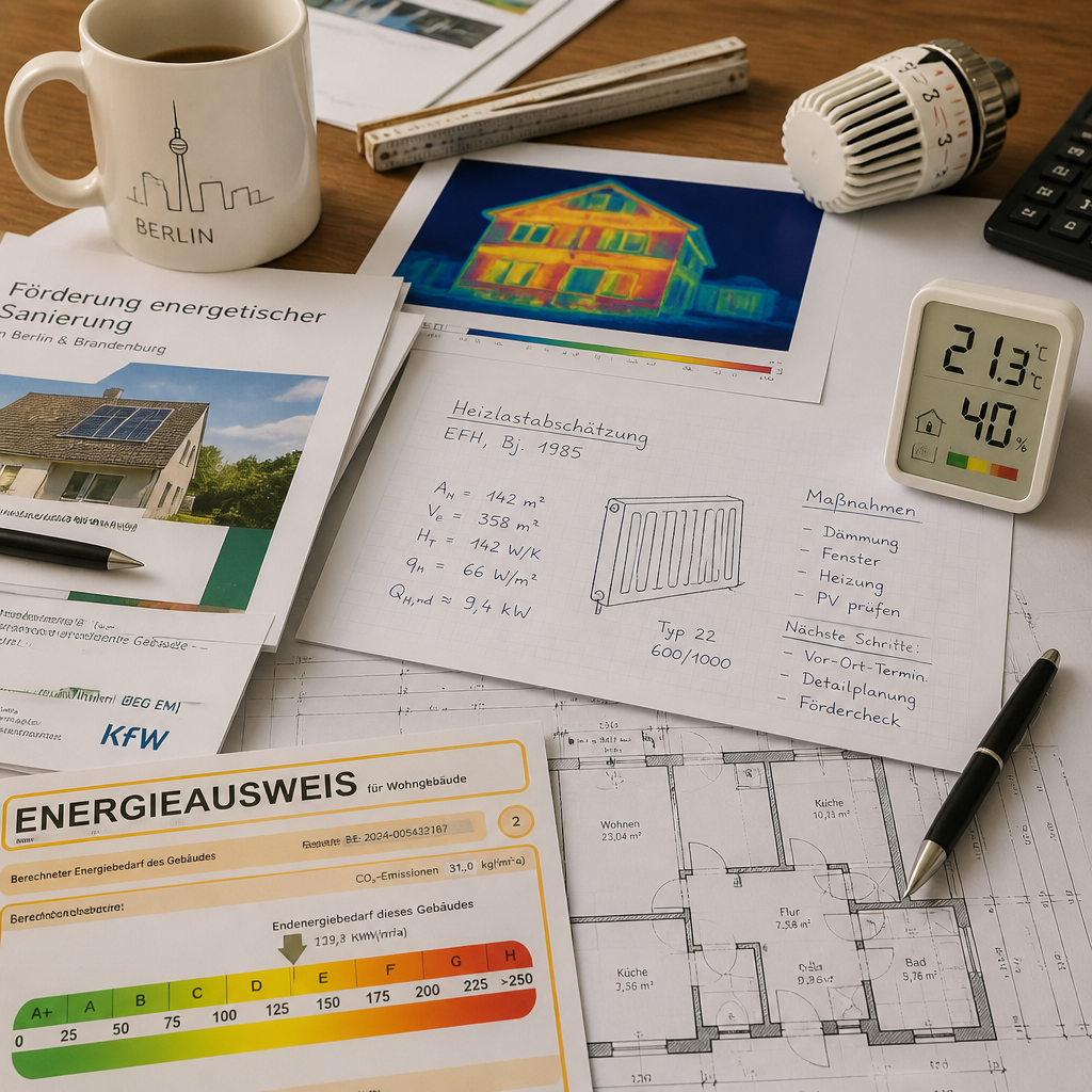Schematische Prüfung von Heizlast, Vorlauftemperatur und Förderlogik bei einer Wärmepumpe in Berlin und Brandenburg