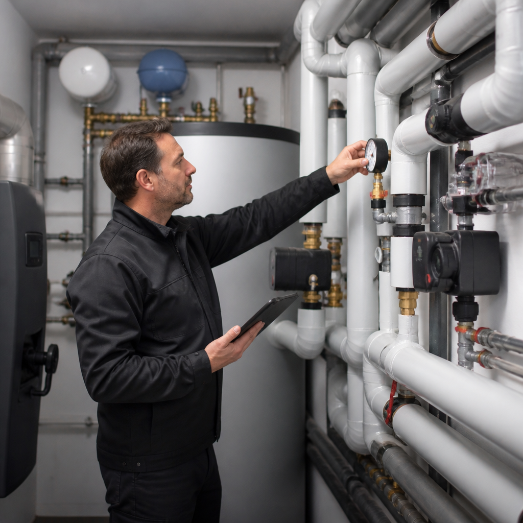 Fachbetrieb prüft Heizungsanlage für Wärmepumpe in einem Haus in Oranienburg