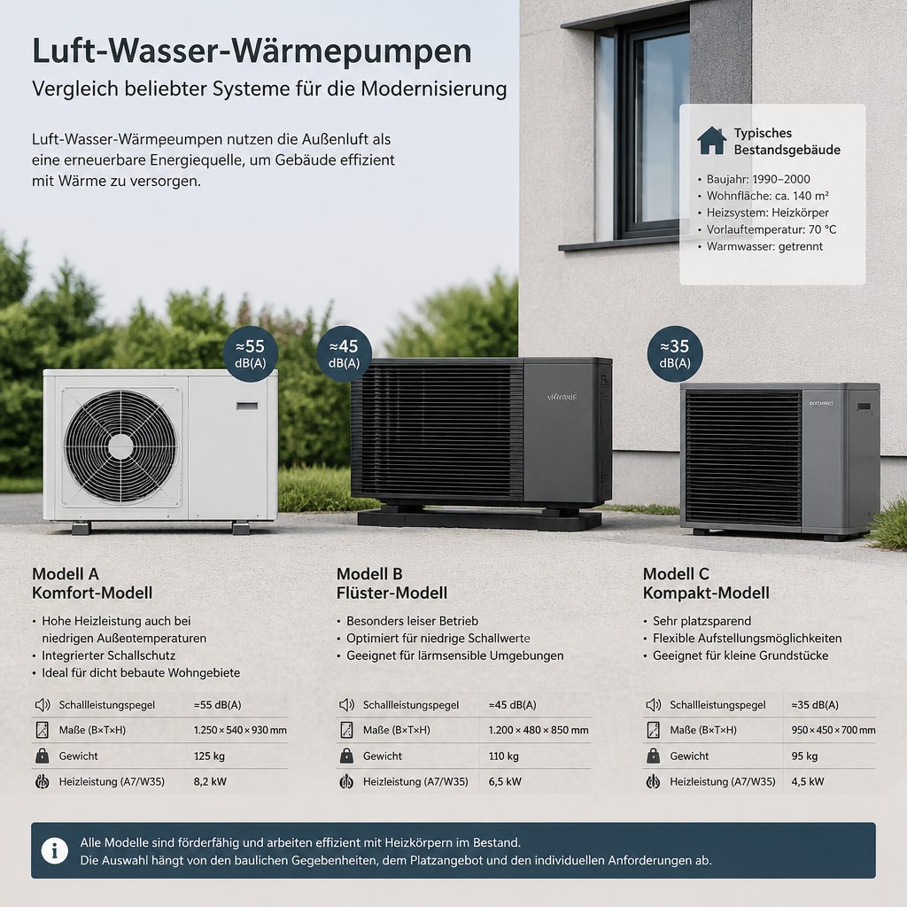 Vergleich verschiedener Luft-Wasser-Wärmepumpen für Bestandsgebäude