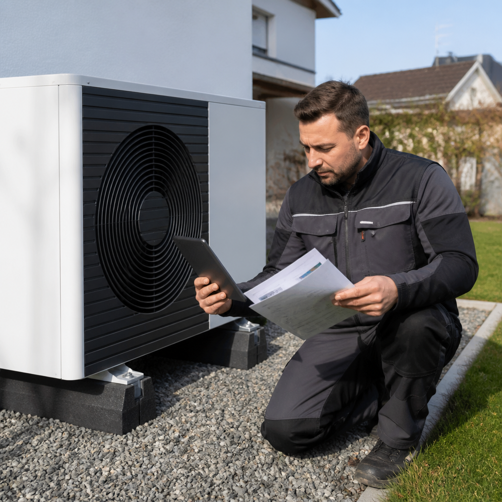 Techniker prüft Wärmepumpe vor einem Wohnhaus mit Förderunterlagen