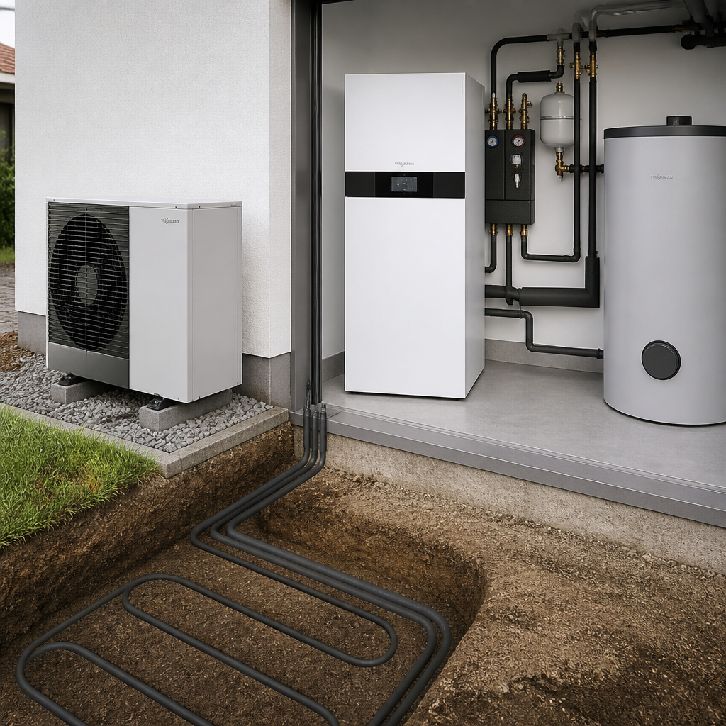 Schema einer Wärmepumpeninstallation mit Außengerät, Hydraulikmodul und Erdarbeiten