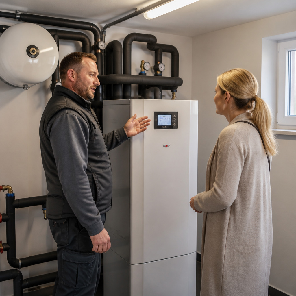 Fachbetrieb prüft die Installation einer Wärmepumpe im Heizraum