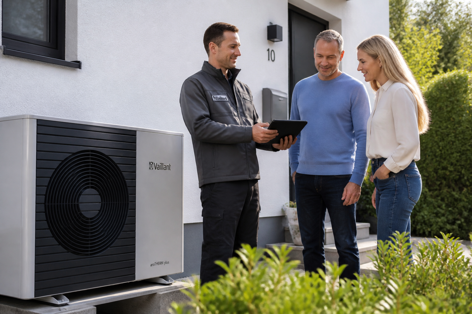 Ein Installateur erklärt vor einem Einfamilienhaus eine Wärmepumpe mit Förderunterlagen in der Hand
