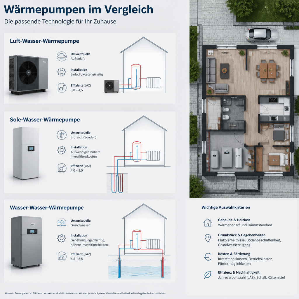 Vergleich verschiedener Wärmepumpen-Systeme mit Hausgrundriss und Heizkurve