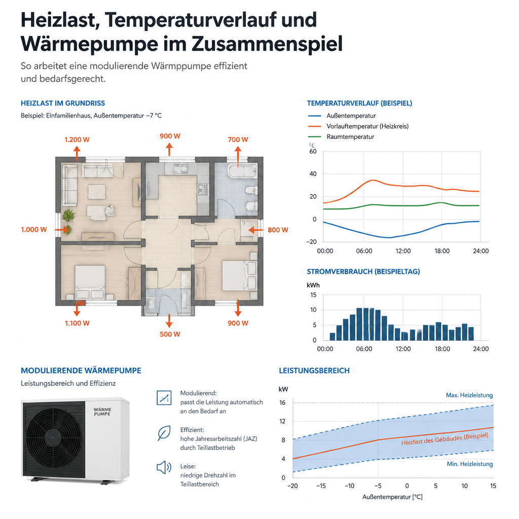 Schema zur Dimensionierung einer Wärmepumpe mit Heizlast, Vorlauftemperatur und JAZ