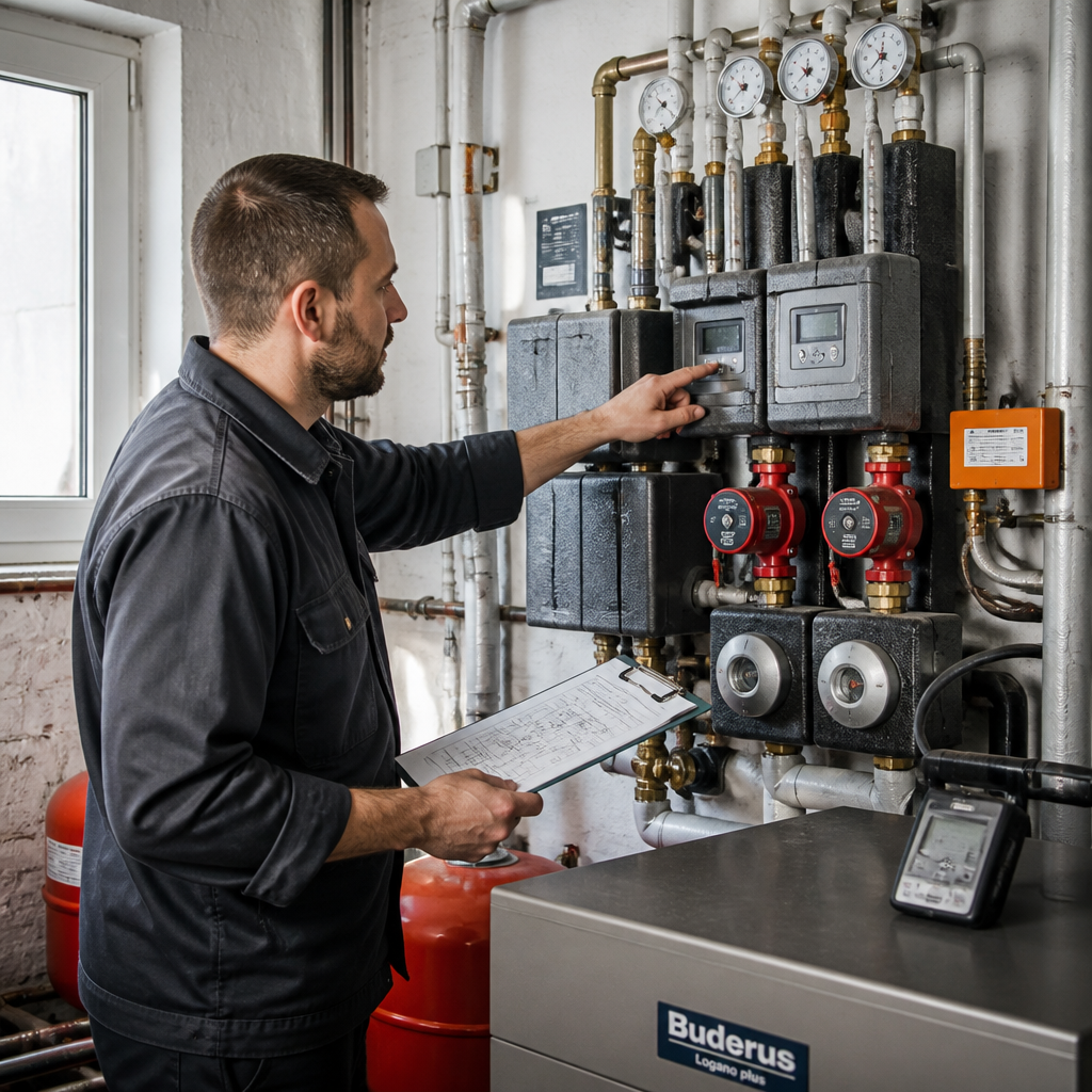 Techniker prüft Heizungsanlage im Altbau für eine Wärmepumpe