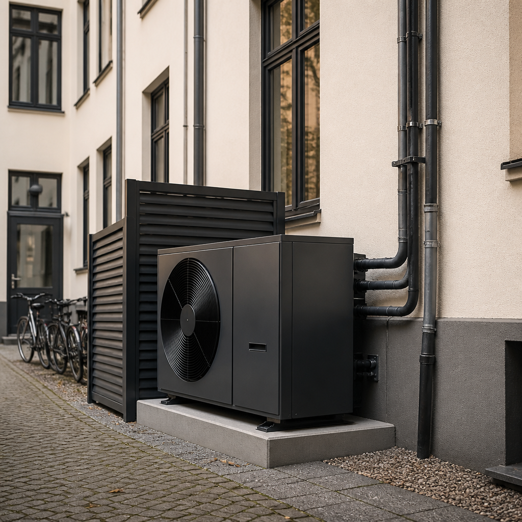 Wärmepumpe vor einem sanierten Altbau in Berlin mit Schallschutz- und Installationssituation.