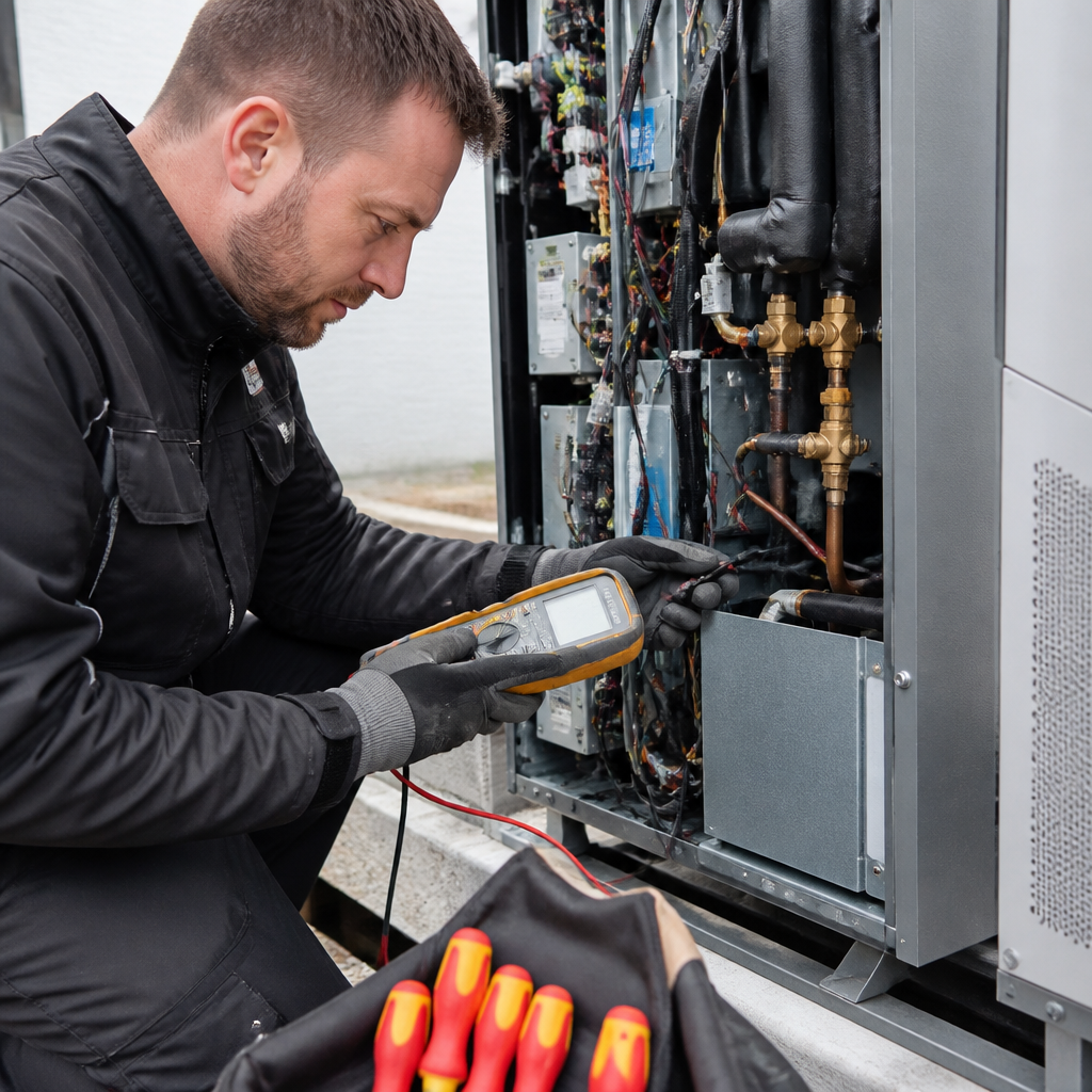 Wartung einer Wärmepumpe mit Messgerät und geöffnetem Außengerät