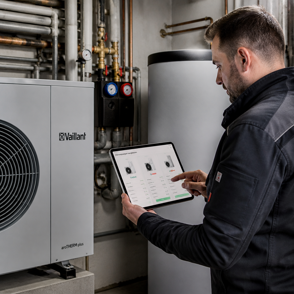 Techniker vergleicht Wärmepumpen-Modelle und technische Daten