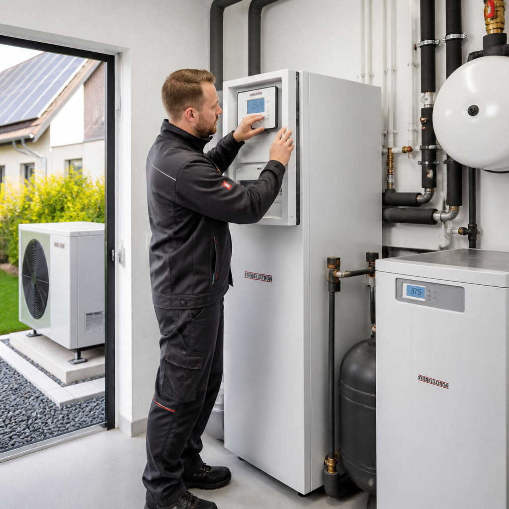 Techniker prüft eine Wärmepumpenanlage im Neubau