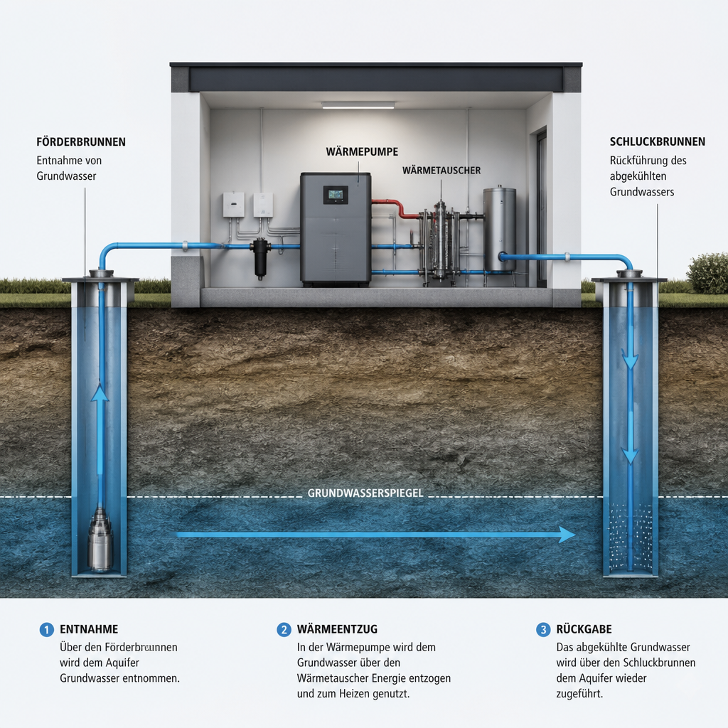 Schematische Darstellung einer Wasser-Wasser-Wärmepumpe mit Förder- und Schluckbrunnen