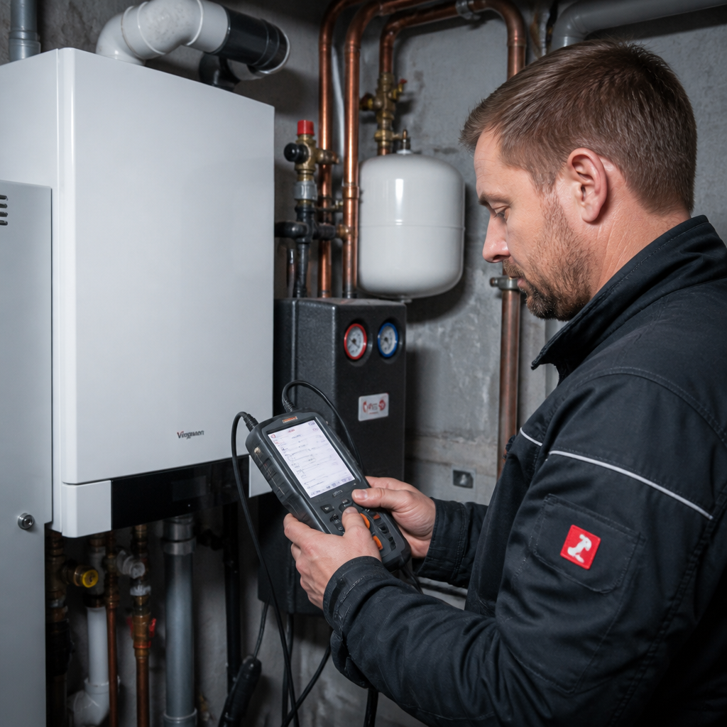 Fachhandwerker prüft Heizungsanlage für Wärmepumpe in Gera