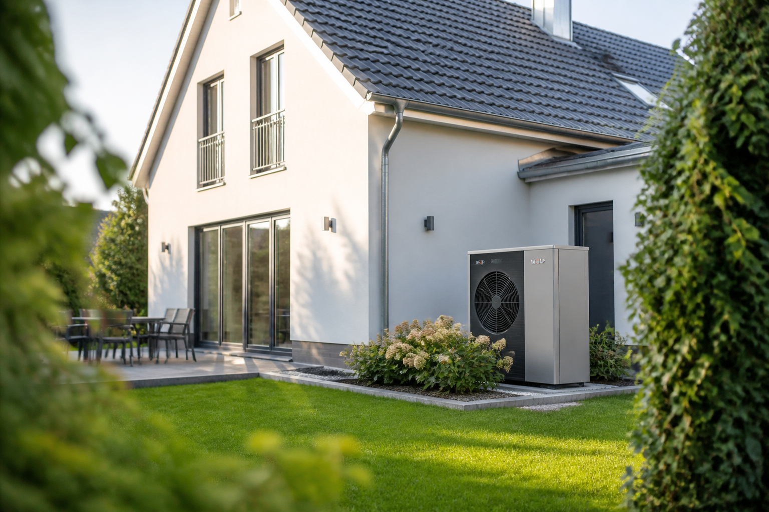 Einfamilienhaus in Brandenburg mit Außenaufstellung einer Wärmepumpe im Garten