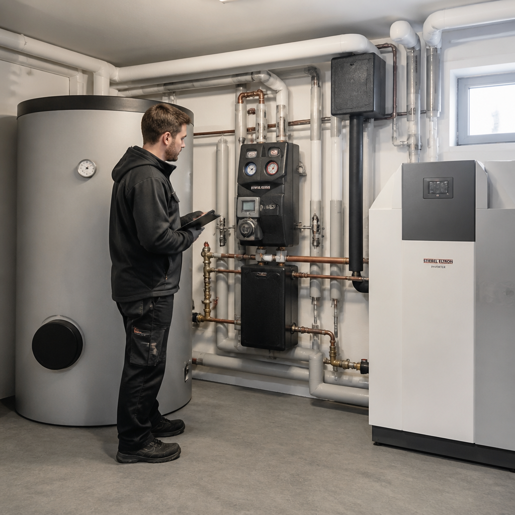 Techniker prüft eine Wärmepumpenanlage im Heizungsraum eines Berliner Einfamilienhauses