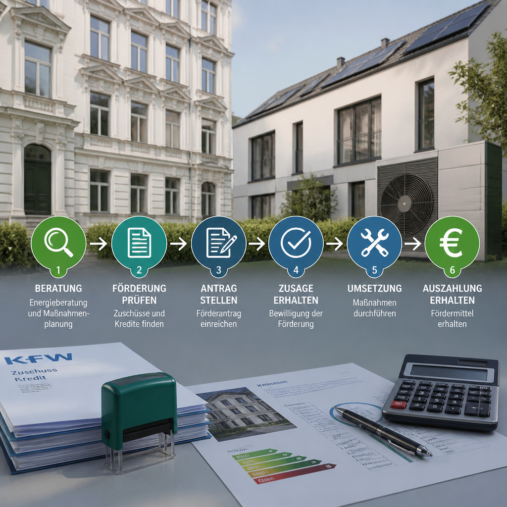 Schematische Darstellung einer Berliner Förderkette für Wärmepumpe mit Bundes- und Zusatzbausteinen
