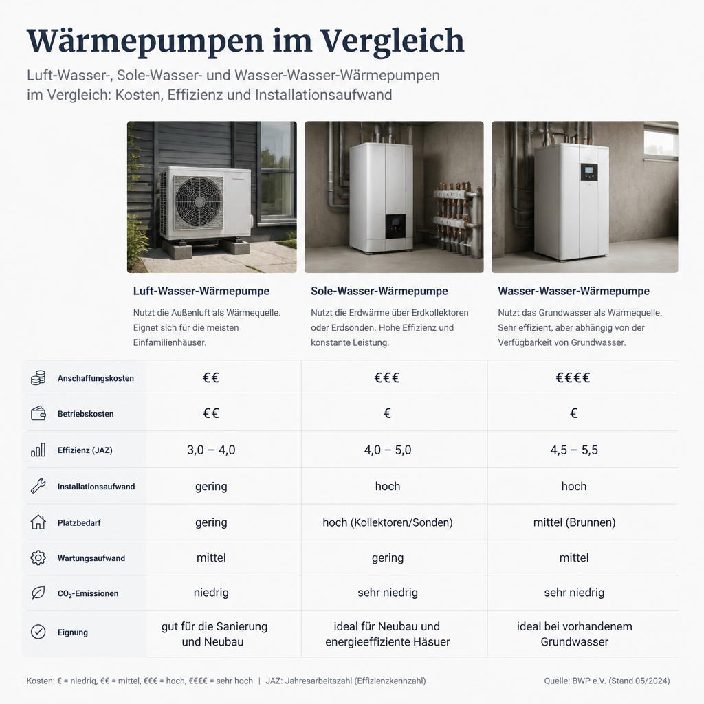 Vergleich verschiedener Wärmepumpen-Modelle für Bestandsgebäude