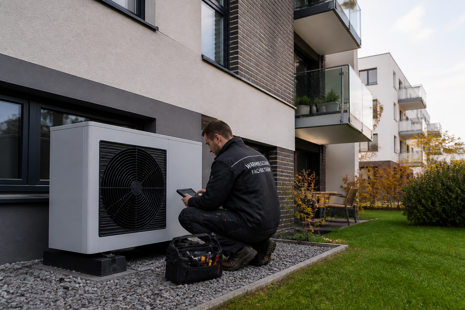 Installierte Wärmepumpe an einem modernen Wohngebäude in Berlin mit Fachbetrieb vor Ort