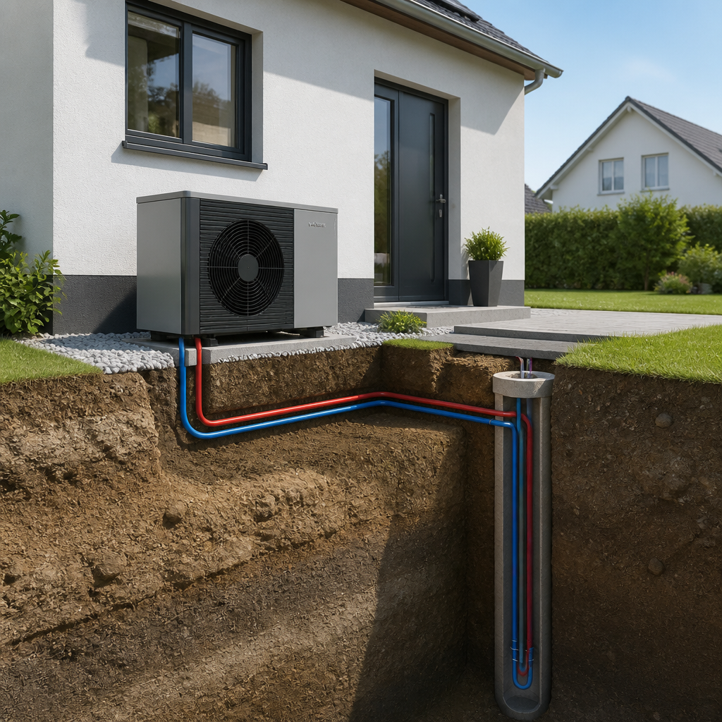 Schematische Darstellung einer Erdwärmepumpe mit Erdsonde und Einfamilienhaus