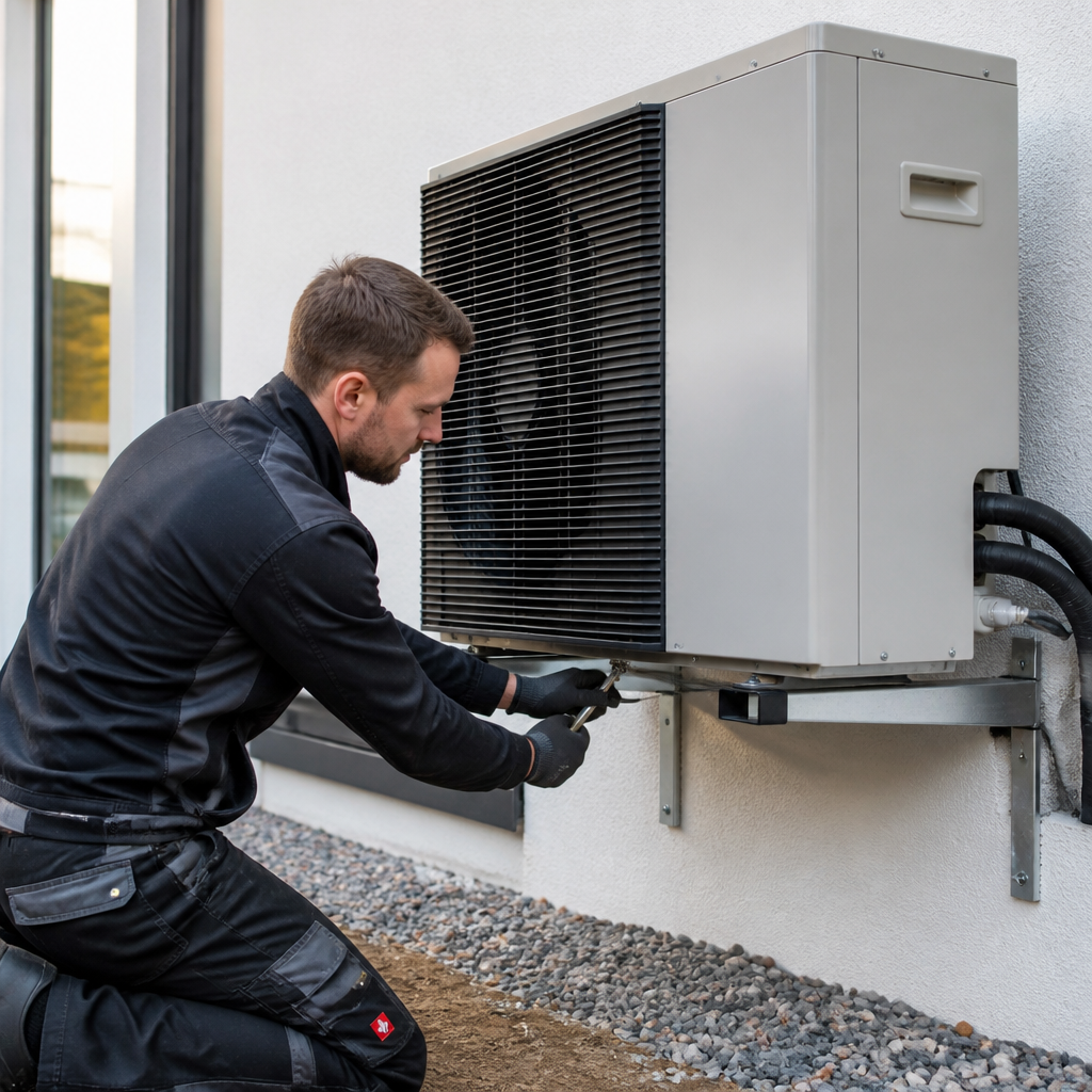 Fachbetrieb installiert Außeneinheit einer Wärmepumpe an einem Wohnhaus