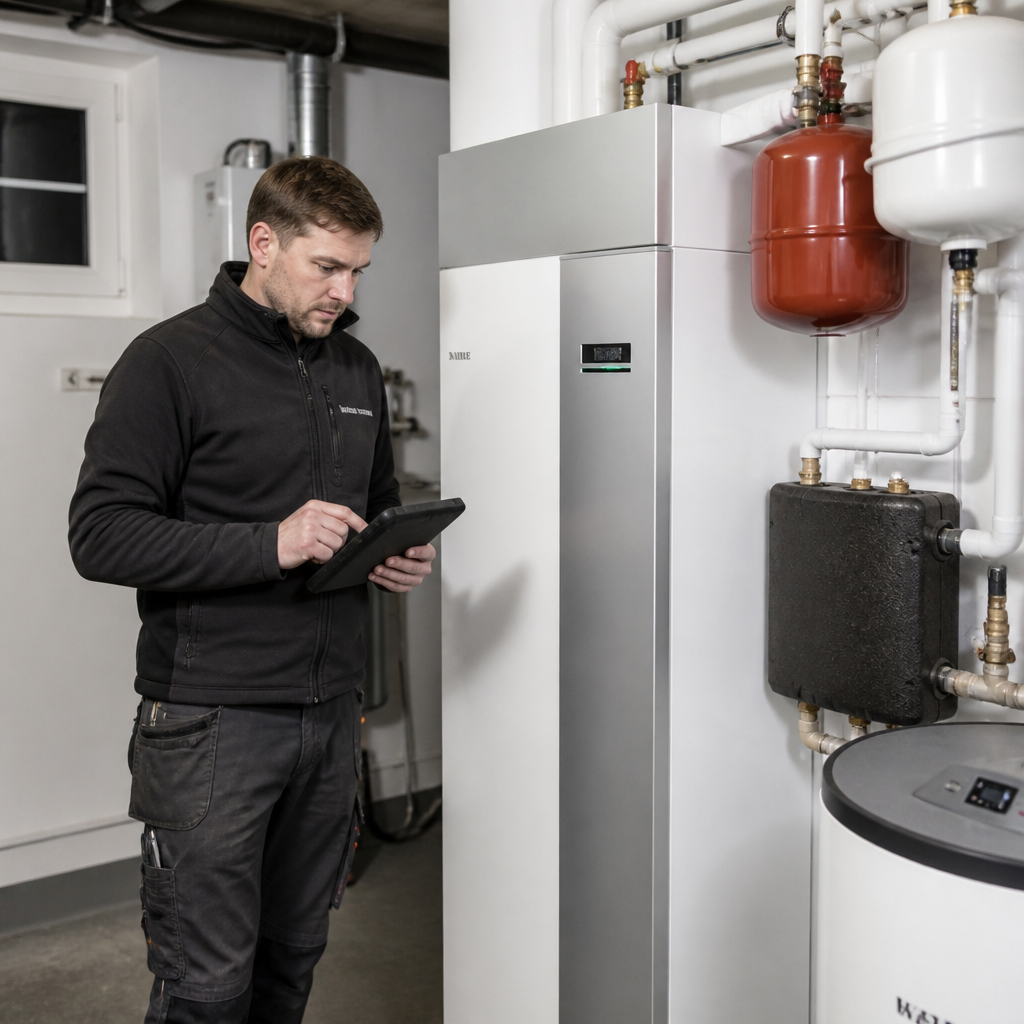 Fachhandwerker prüft die Installation einer Wärmepumpe im Technikraum