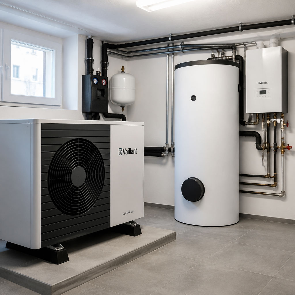 Installierte Luft-Wasser-Wärmepumpe mit Heiztechnik im Technikraum
