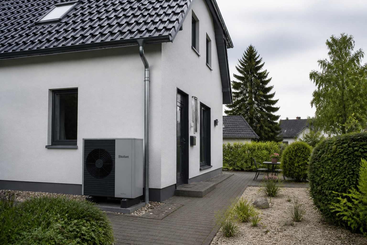Moderne Wärmepumpe vor einem Einfamilienhaus in Oranienburg