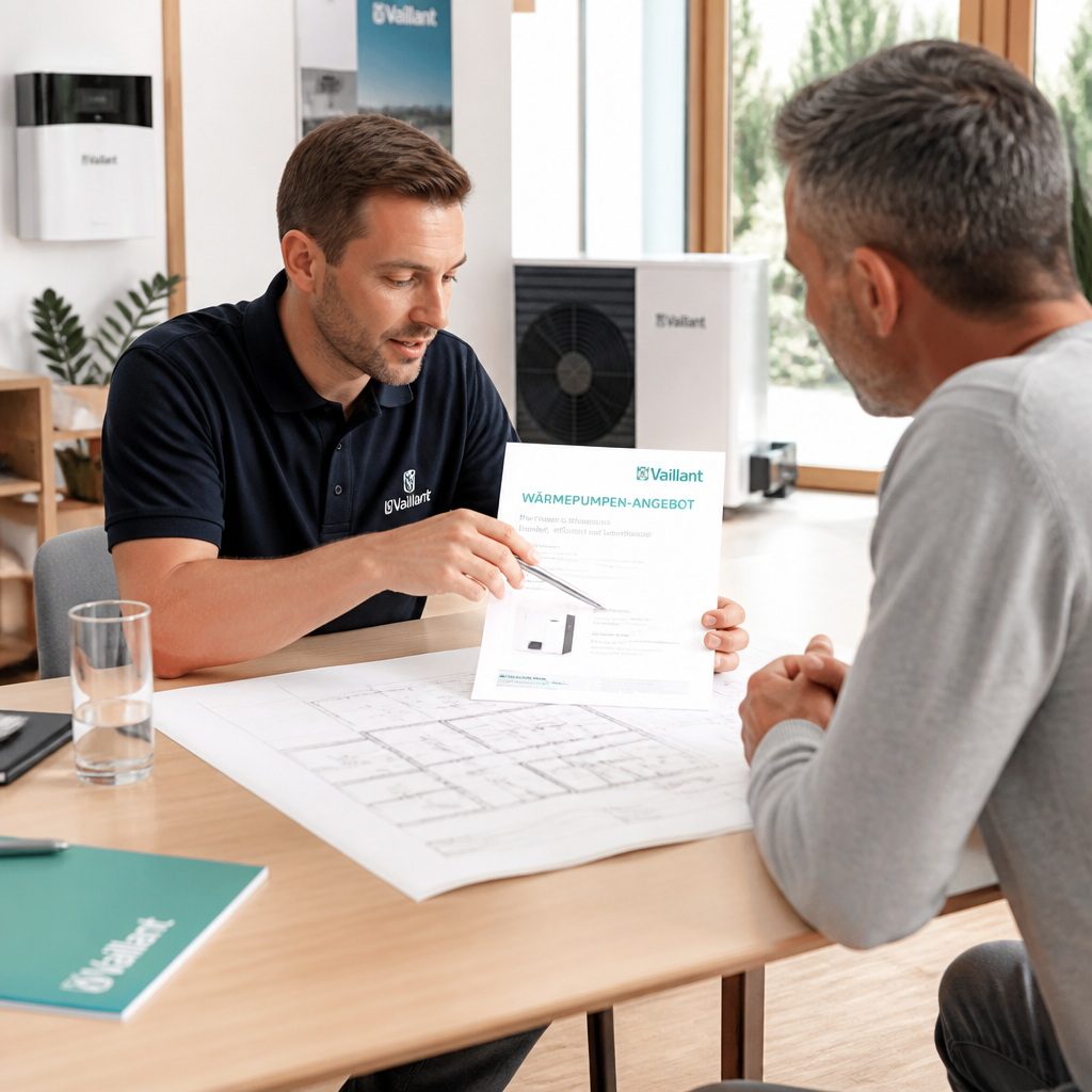Techniker erklärt Wärmepumpen-Angebot mit Hausgrundriss