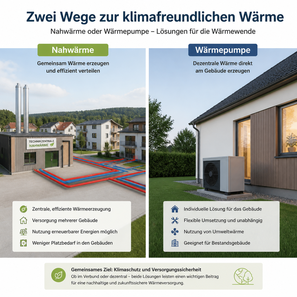 Schema eines kommunalen Wärmevergleichs zwischen Nahwärme und Wärmepumpe
