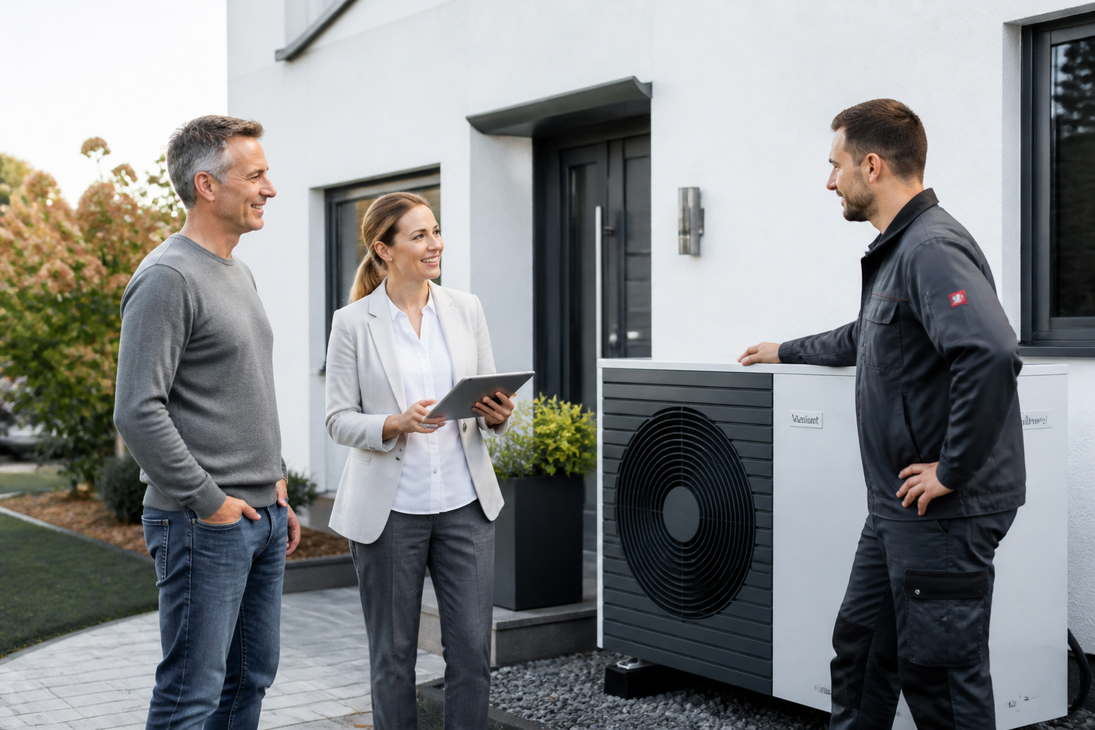 Hausbesitzer besprechen mit Energieberater und Heizungsinstallateur eine Wärmepumpe vor einem Einfamilienhaus in Berlin oder Brandenburg