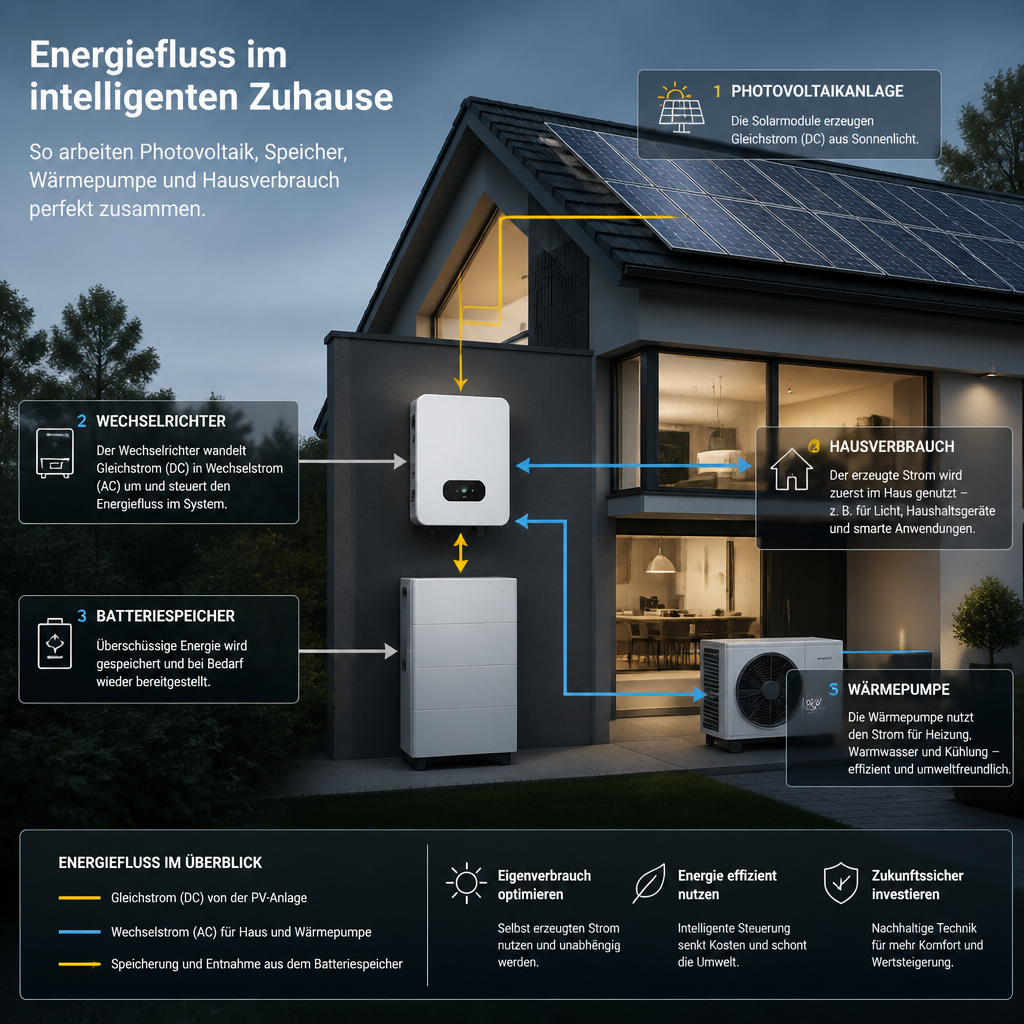 Schema zur Kombination von Wärmepumpe, Photovoltaik, Speicher und Hausstromverbrauch