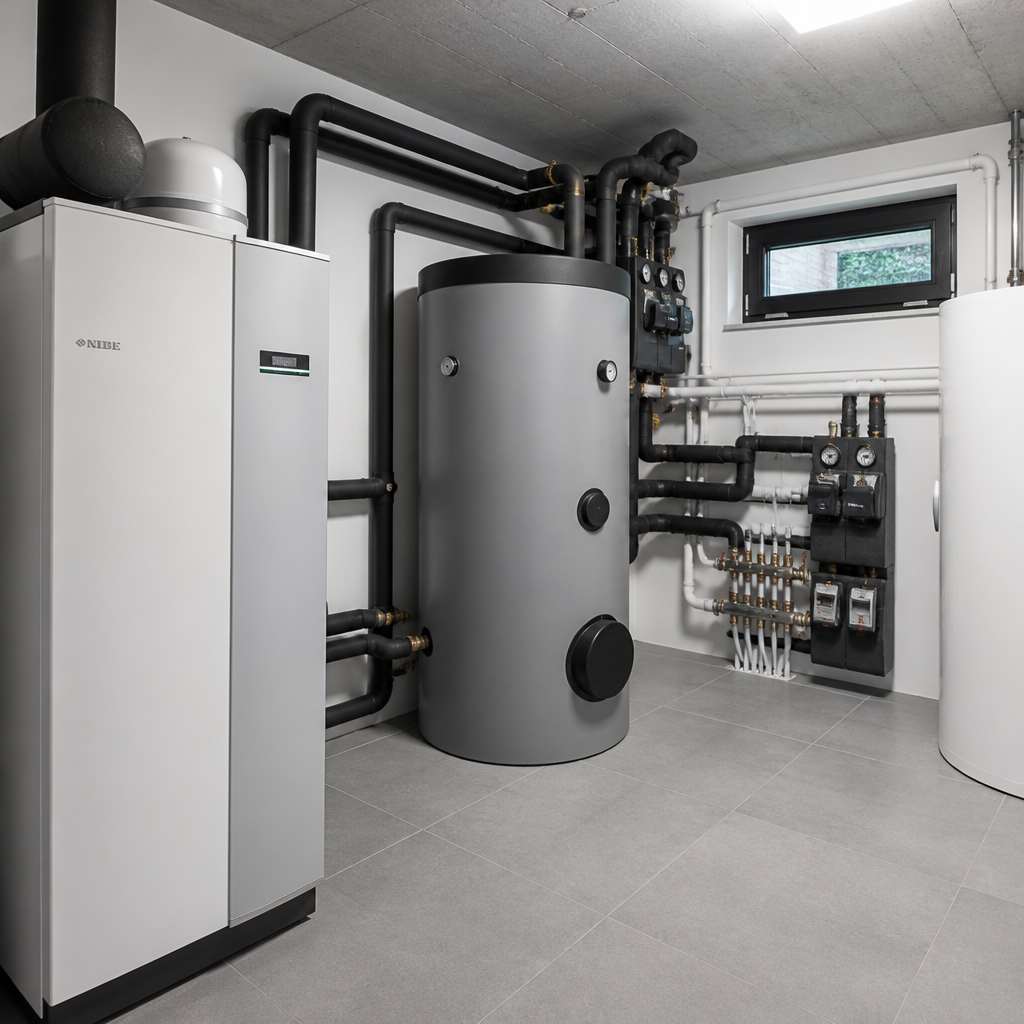 Technikraum im Neubau mit Wärmepumpe, Pufferspeicher, Verteiler und sauber geführten Leitungen