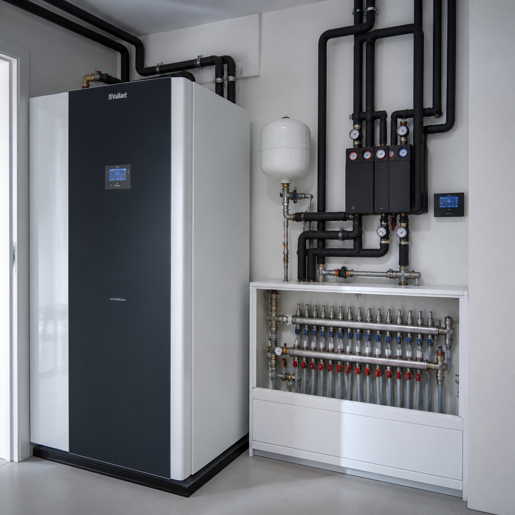 Technikraum im Neubau mit Wärmepumpe, Fußbodenheizungsverteilung und Messgeräten