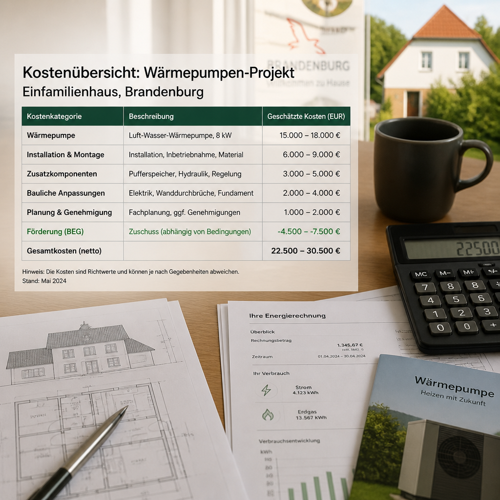 Schema einer Wärmepumpen-Kostenaufstellung für ein Brandenburger Einfamilienhaus