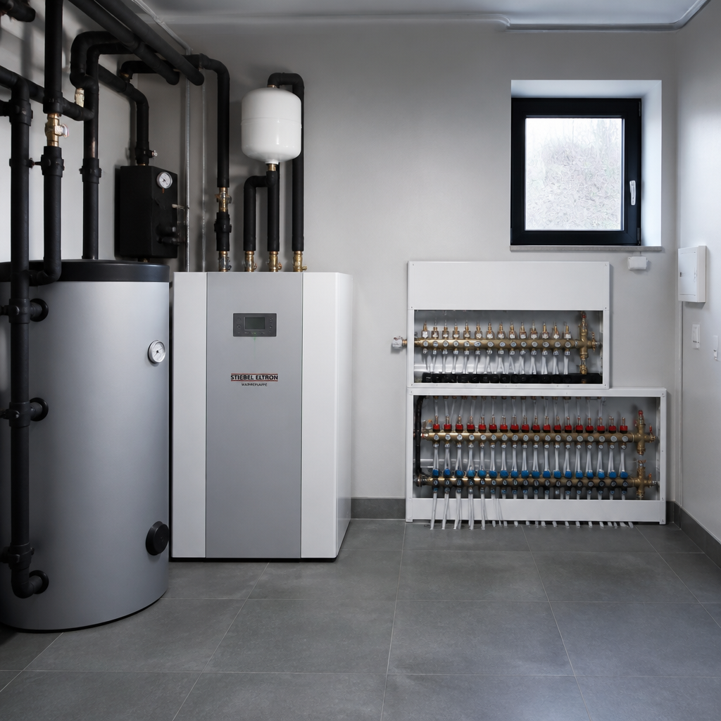 Schema einer Erdwärmepumpe mit Erdsonde und Fußbodenheizung im Neubau