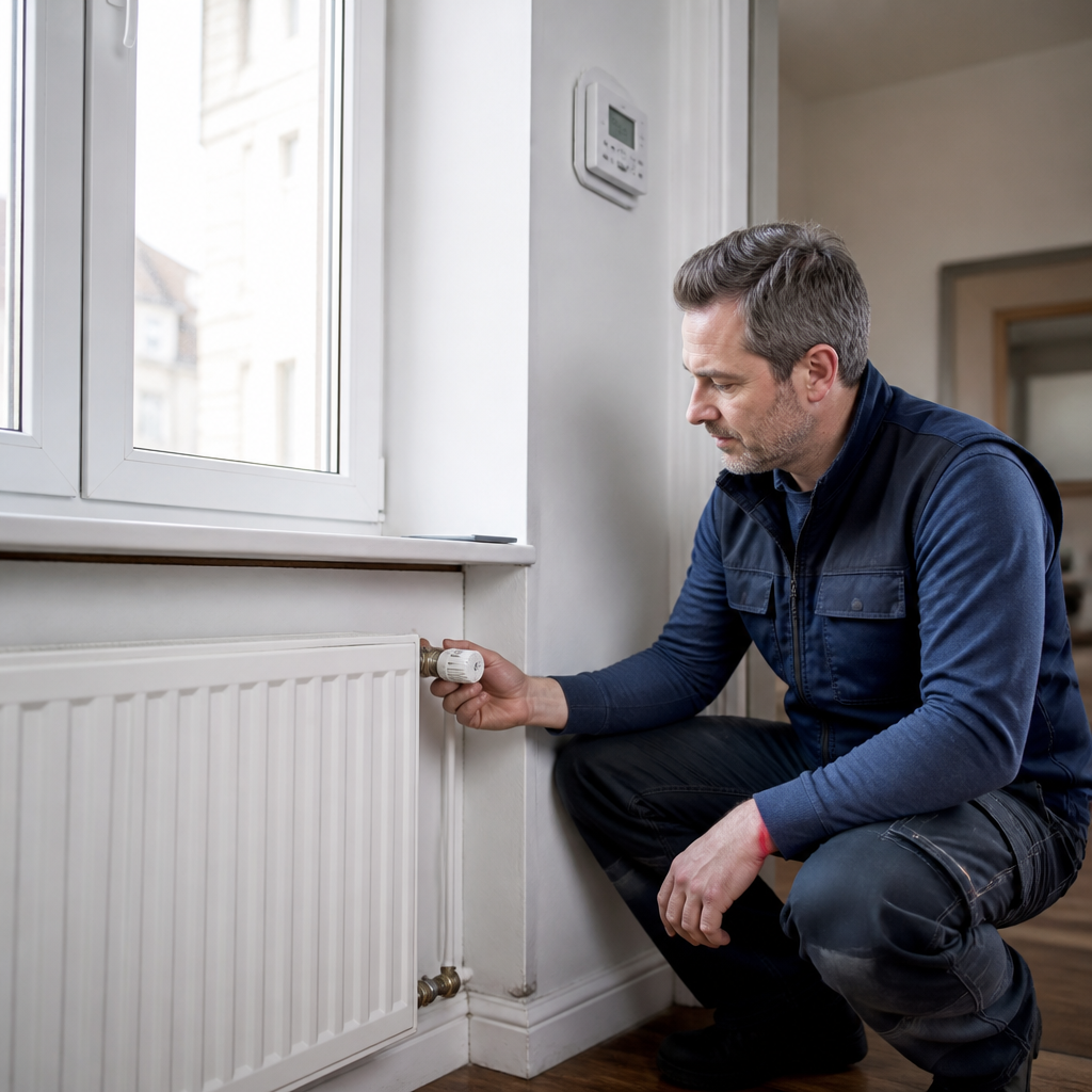 Fachbetrieb prüft Heizkörper und Vorlauftemperatur im Altbau