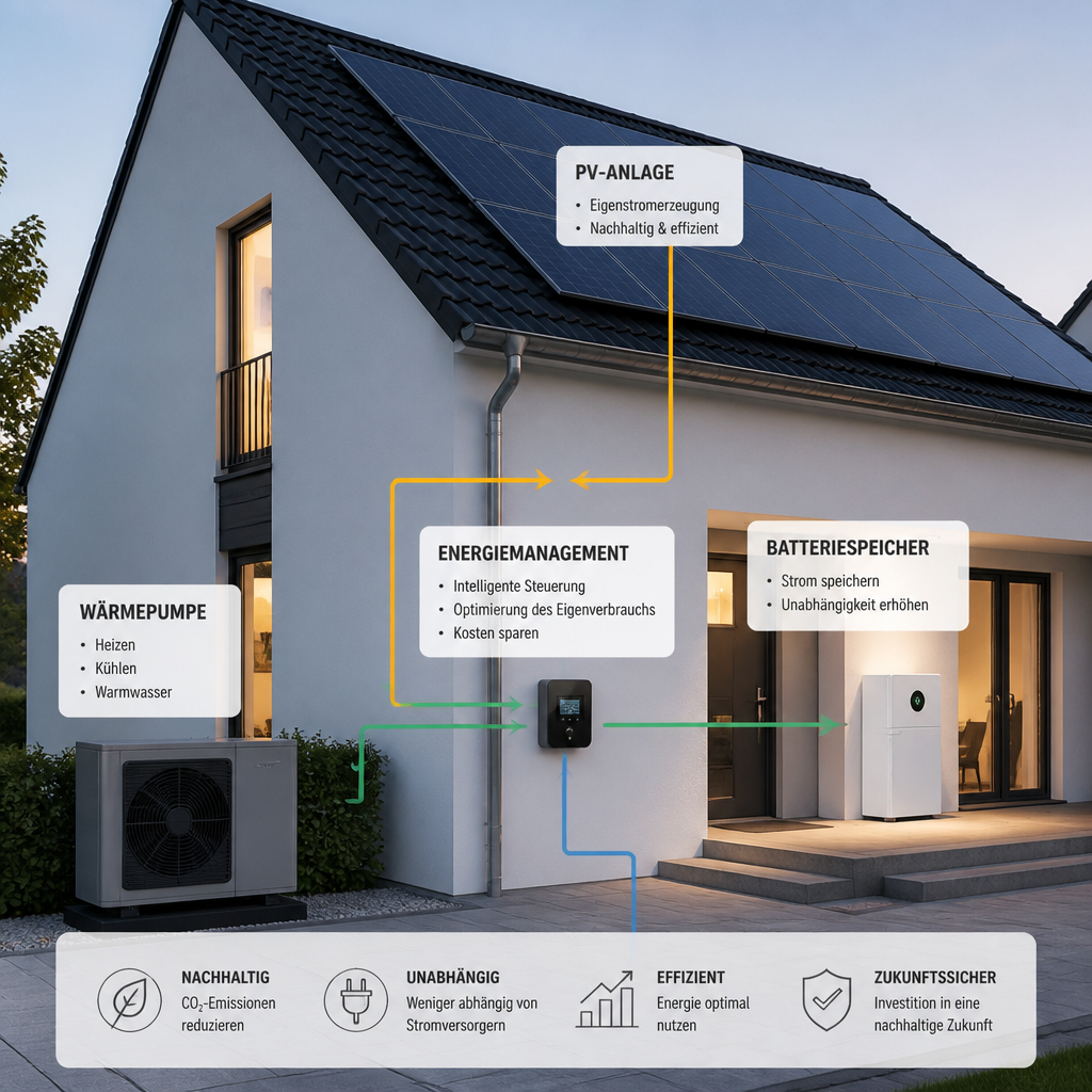 Infografik zu Wärmepumpe, PV-Anlage und Stromspeicher im Zusammenspiel