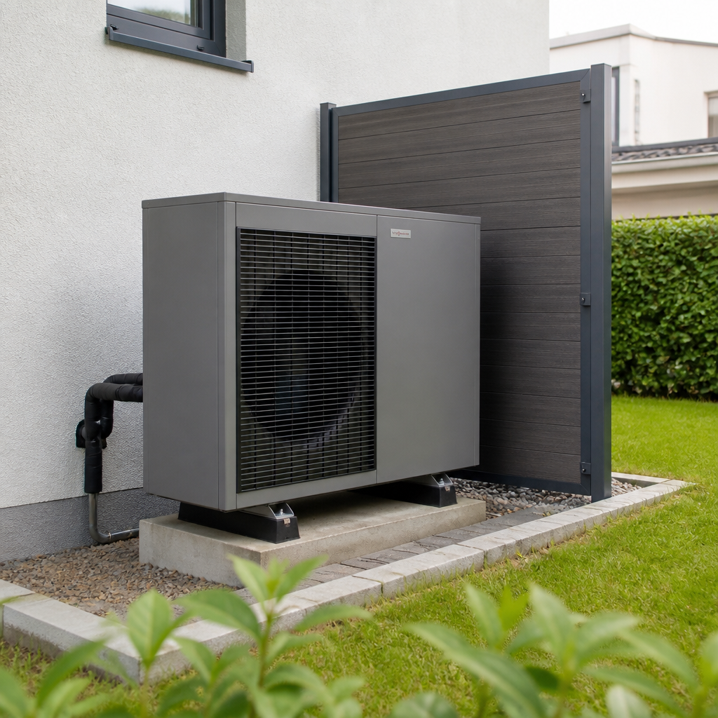 Außeneinheit einer Luft-Wasser-Wärmepumpe an einem Wohnhaus mit Schallschutz und ordentlicher Installation