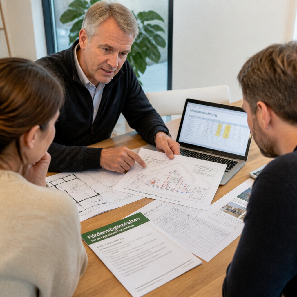 Fachberater erklärt Förderunterlagen und Wärmepumpenplan