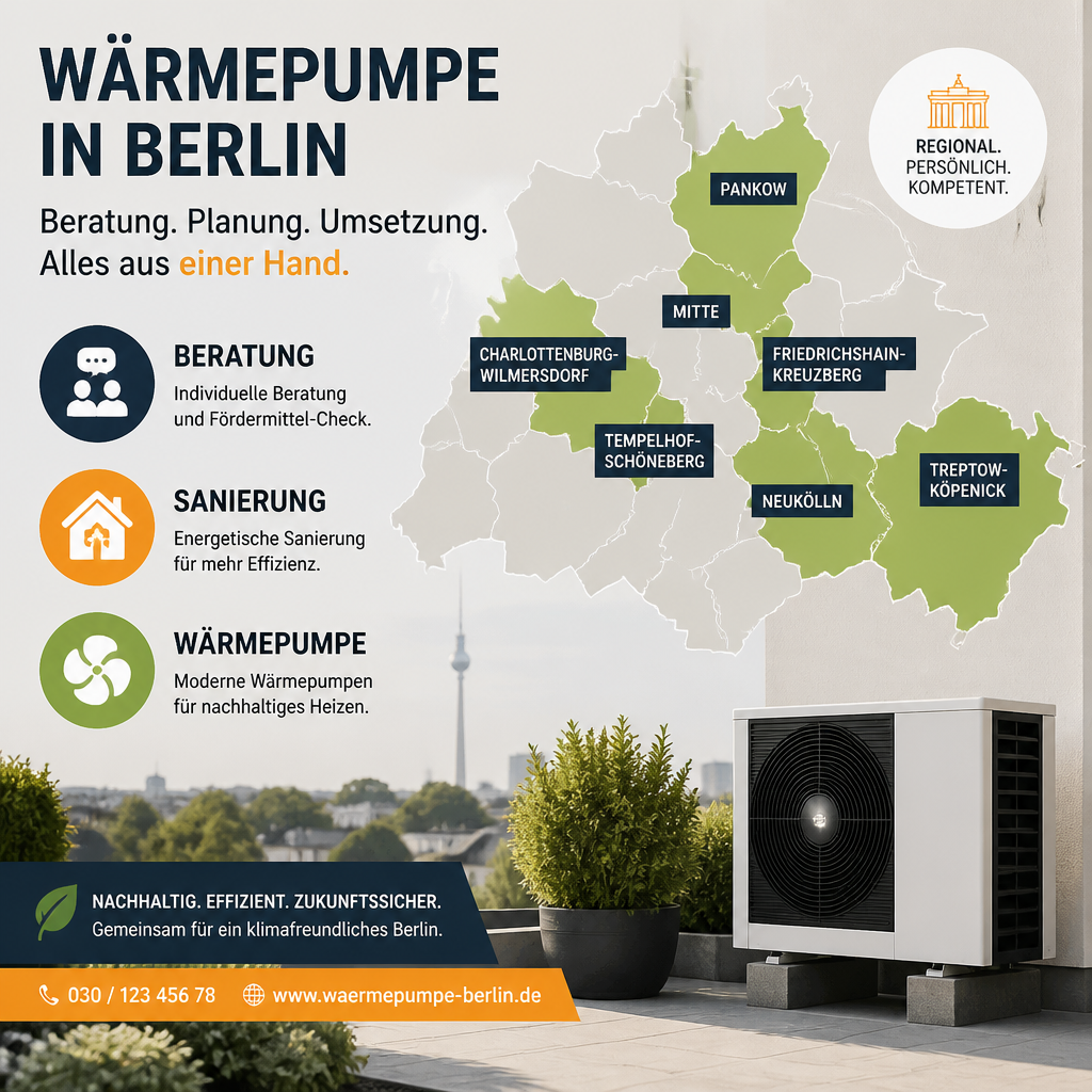 Berliner Bezirkskarte mit markierten Förderwegen für Wärmepumpen