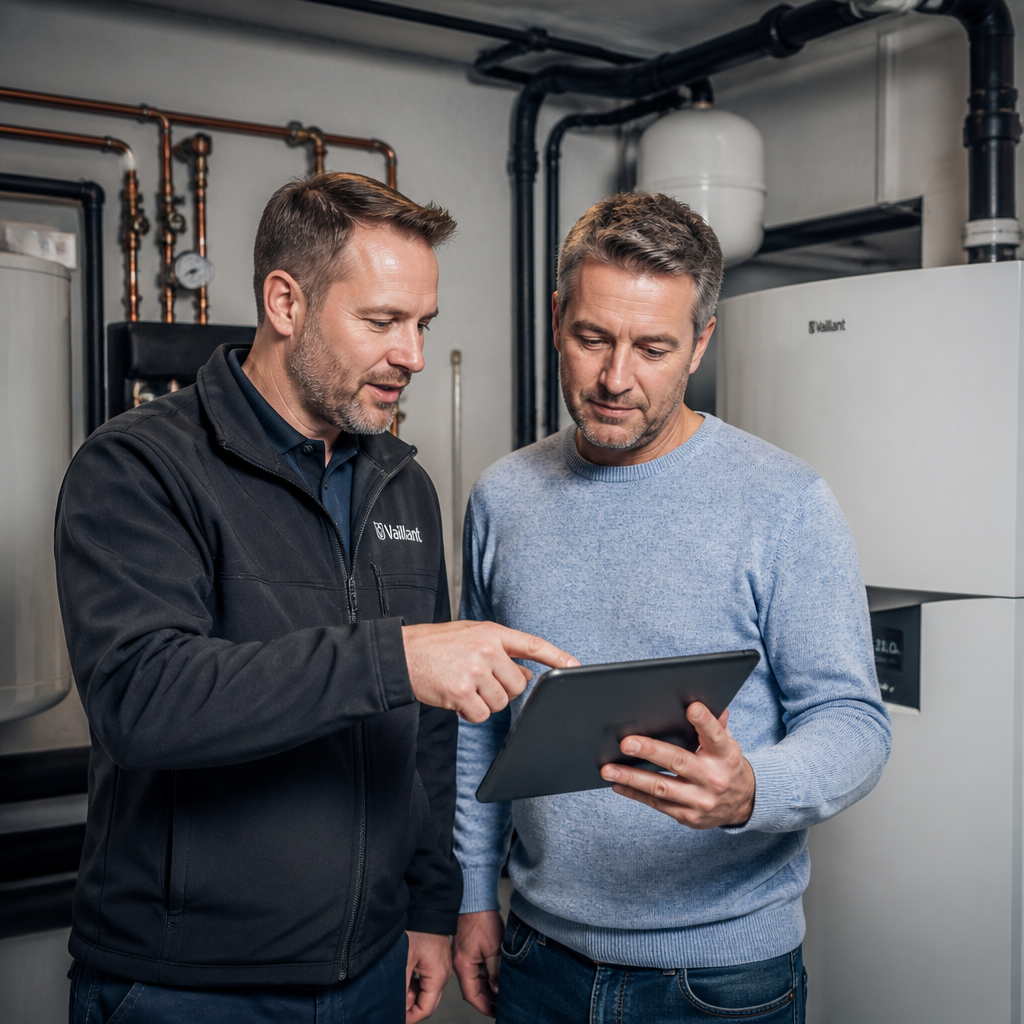 Techniker erklärt einem Hausbesitzer die Kostenfaktoren einer Wärmepumpe auf einem Baustellen-Tablet
