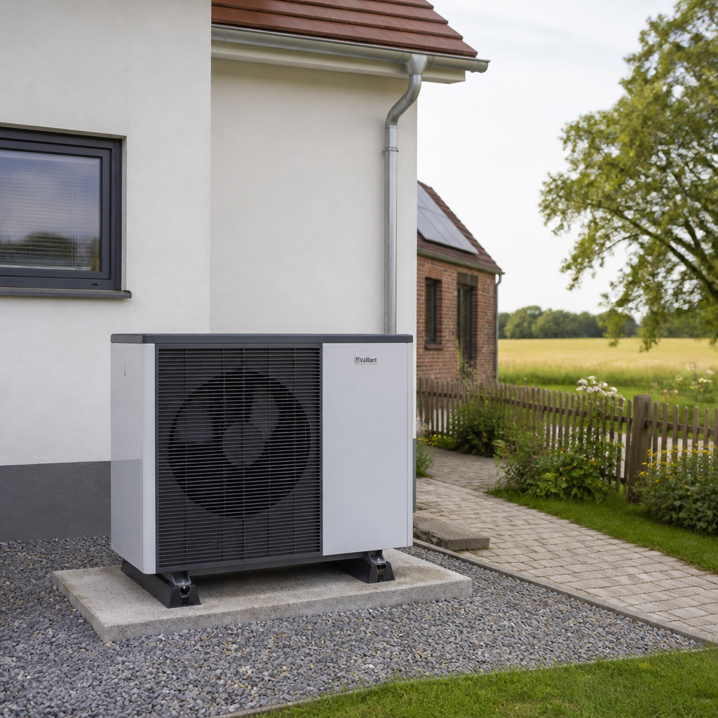 Außeneinheit einer Wärmepumpe neben einem sanierten Wohnhaus in Brandenburg
