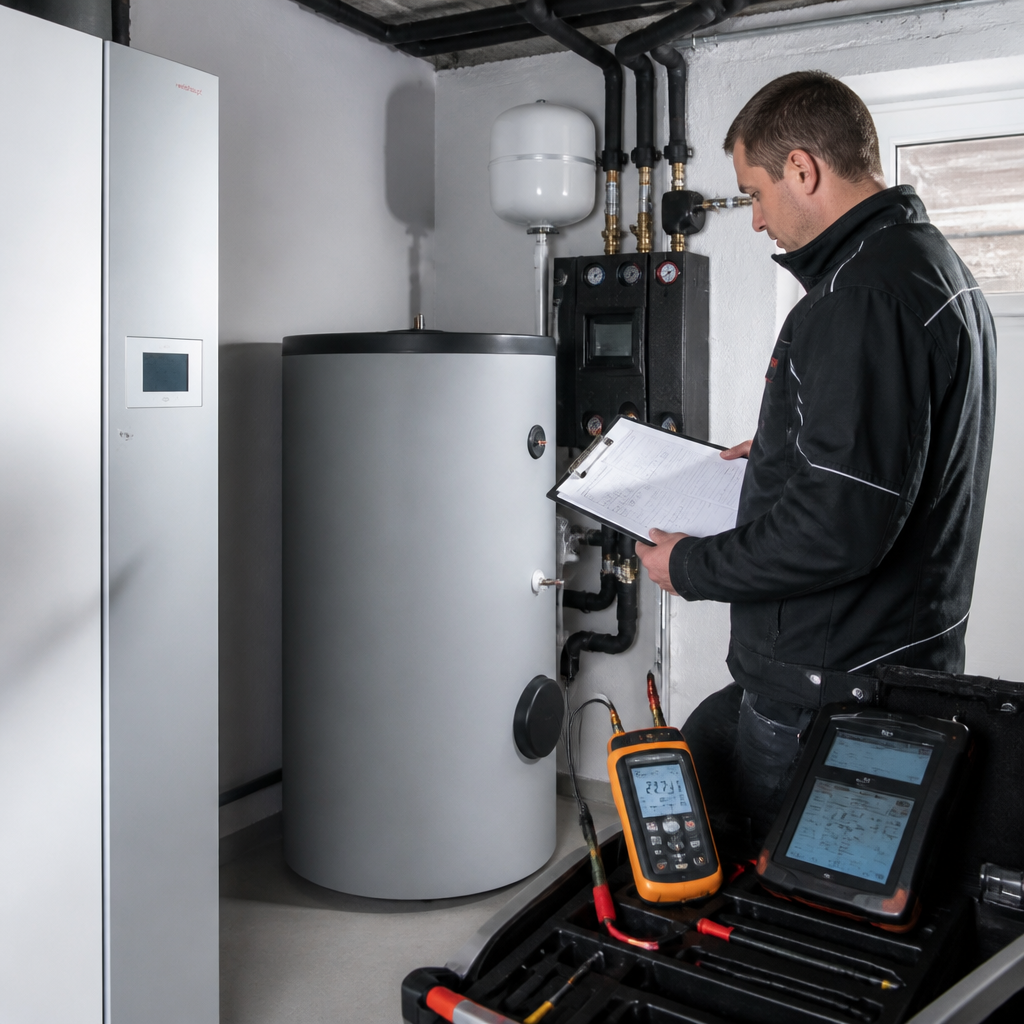 Fachbetrieb prüft eine Wärmepumpeninstallation und Unterlagen